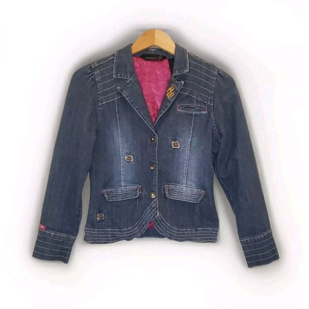 Rocawear Denim Jacket Girl Large 10/12 Medium Wash Magenta Satin Lined Y2K Retro - Picture 3 of 16